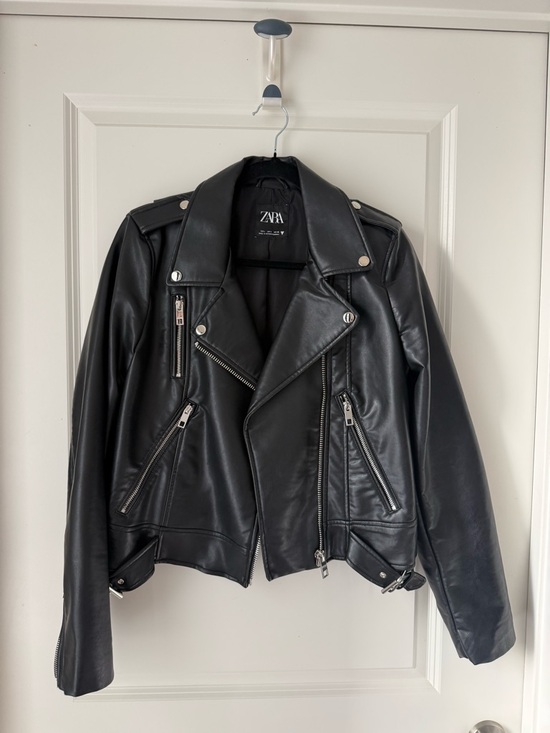 Zara Jackets & Blazers - Zara Black Faux Leather Biker Jacket with Silver Hardware